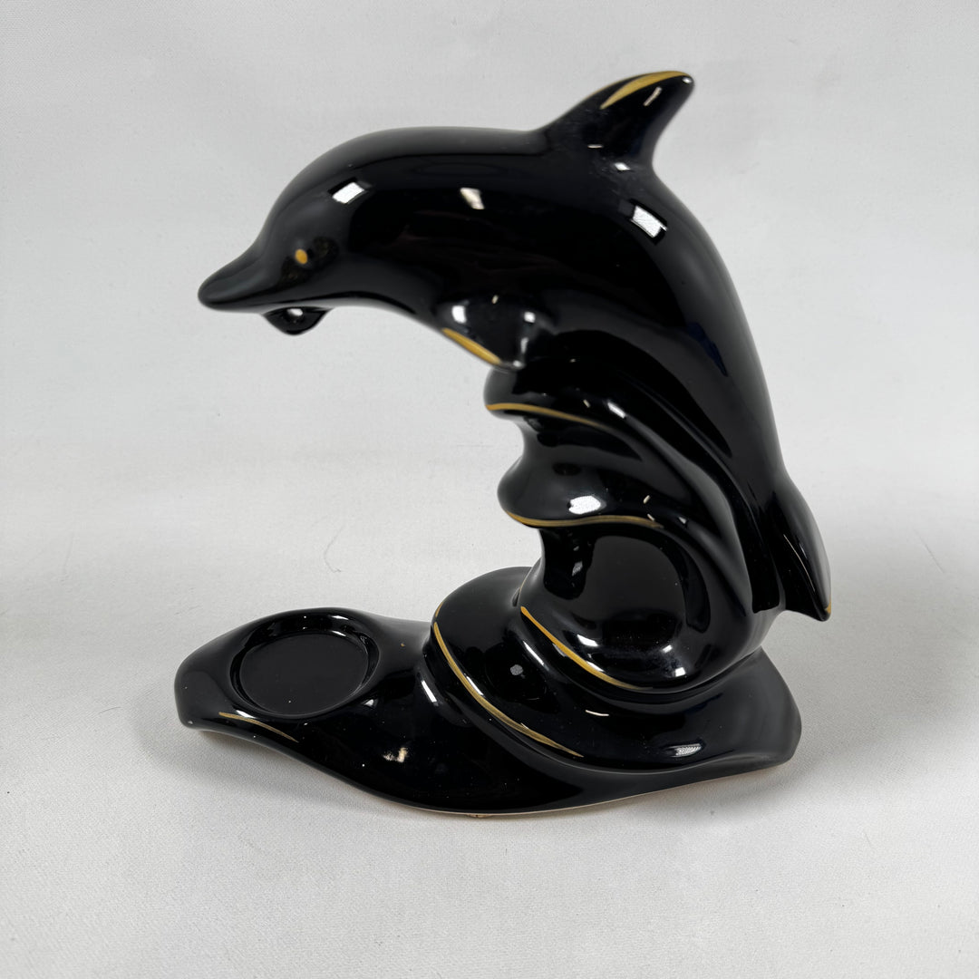 Elegant retro delfinskulptur i keramik med ljushållare