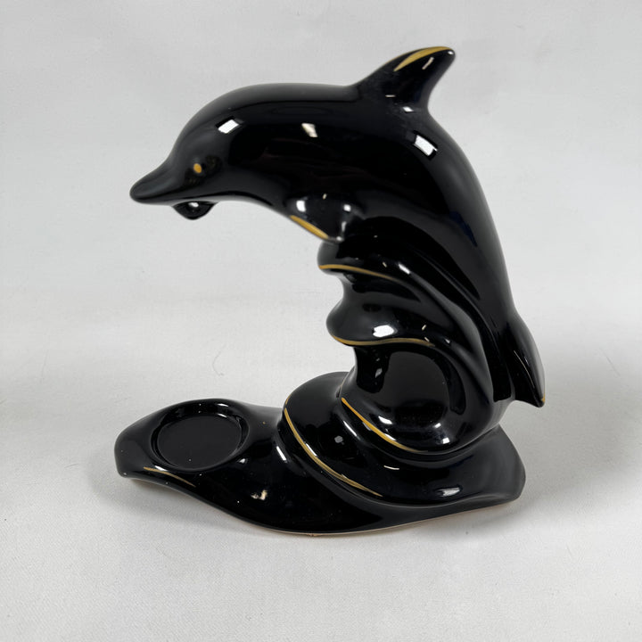 Elegant retro delfinskulptur i keramik med ljushållare