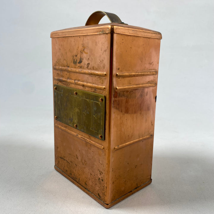 Vintage kaffeburk i koppar – med mässingsskylt “KAFFE”