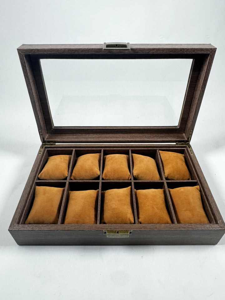 Elegant klocklåda i mörkt trä med glaslock – 12 fack & sammetskuddar