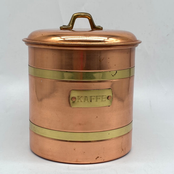 Retro koppar kaffeburk med mässingsdetaljer