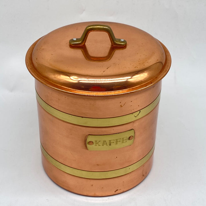 Retro koppar kaffeburk med mässingsdetaljer