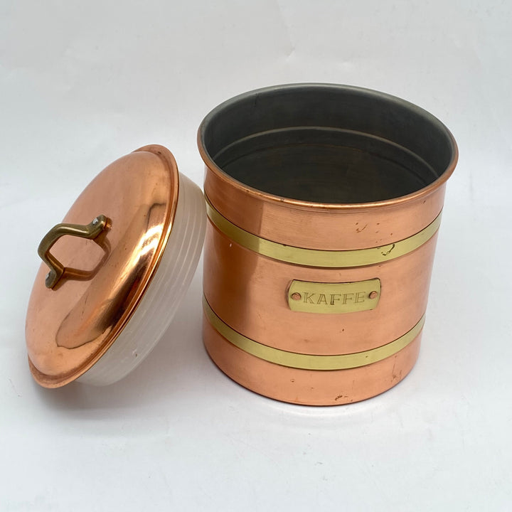 Retro koppar kaffeburk med mässingsdetaljer
