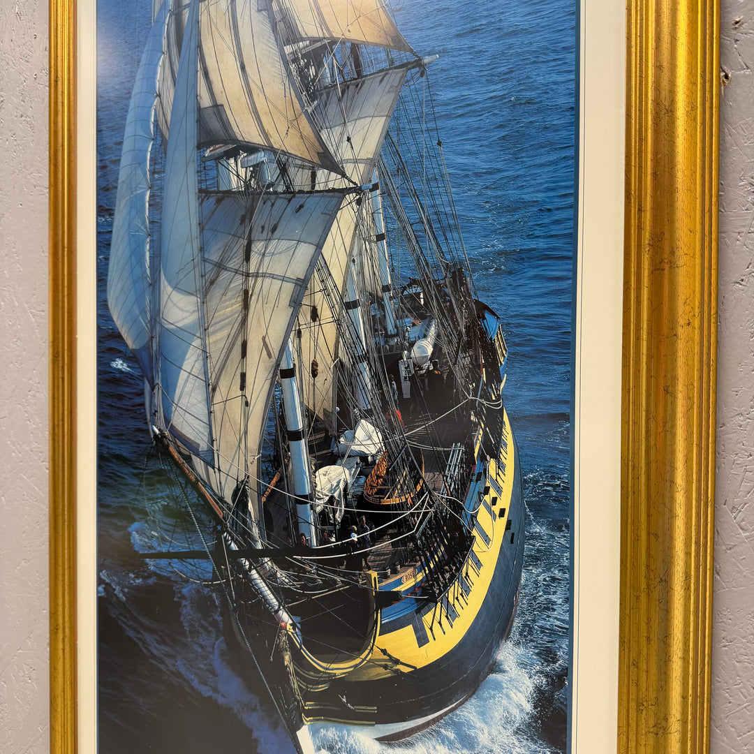 Elegant tavla av H.M.S. Rose i guldram