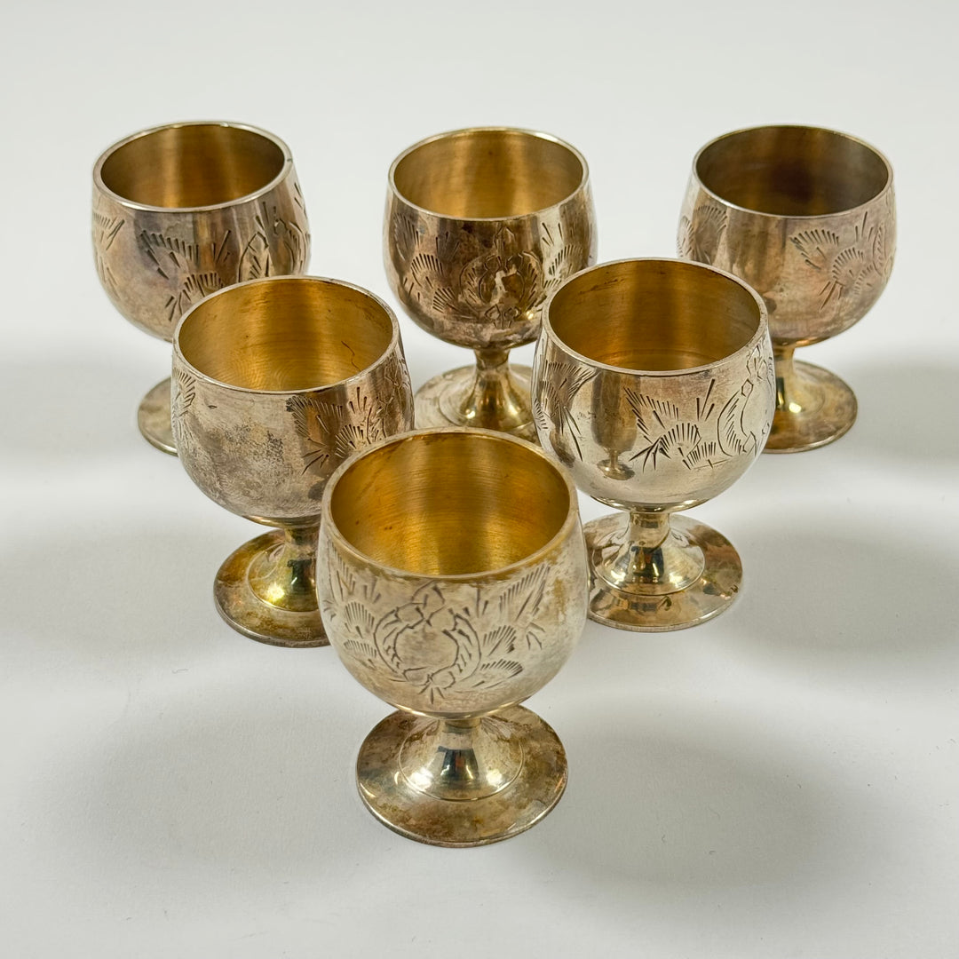 Vintage metall snapsglas sexpack blått sammetsfodral