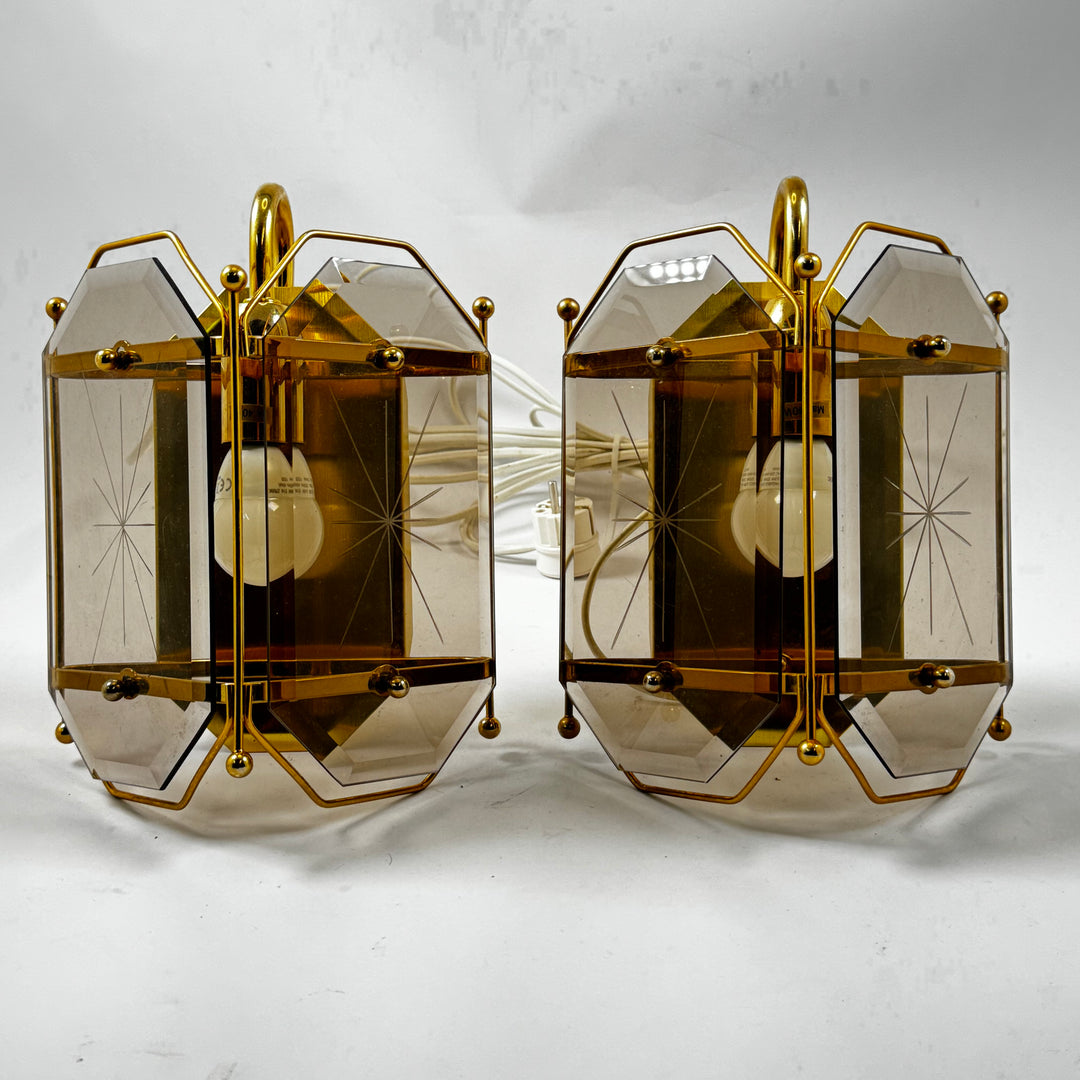Retro vägglampor 2 pack guld rökfärgat glas