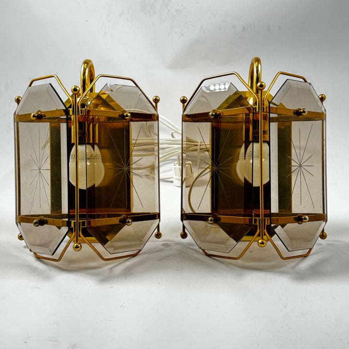 Retro vägglampor 2 pack guld rökfärgat glas