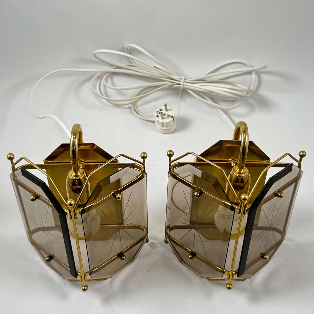 Retro vägglampor 2 pack guld rökfärgat glas