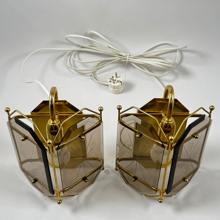 Retro vägglampor 2 pack guld rökfärgat glas
