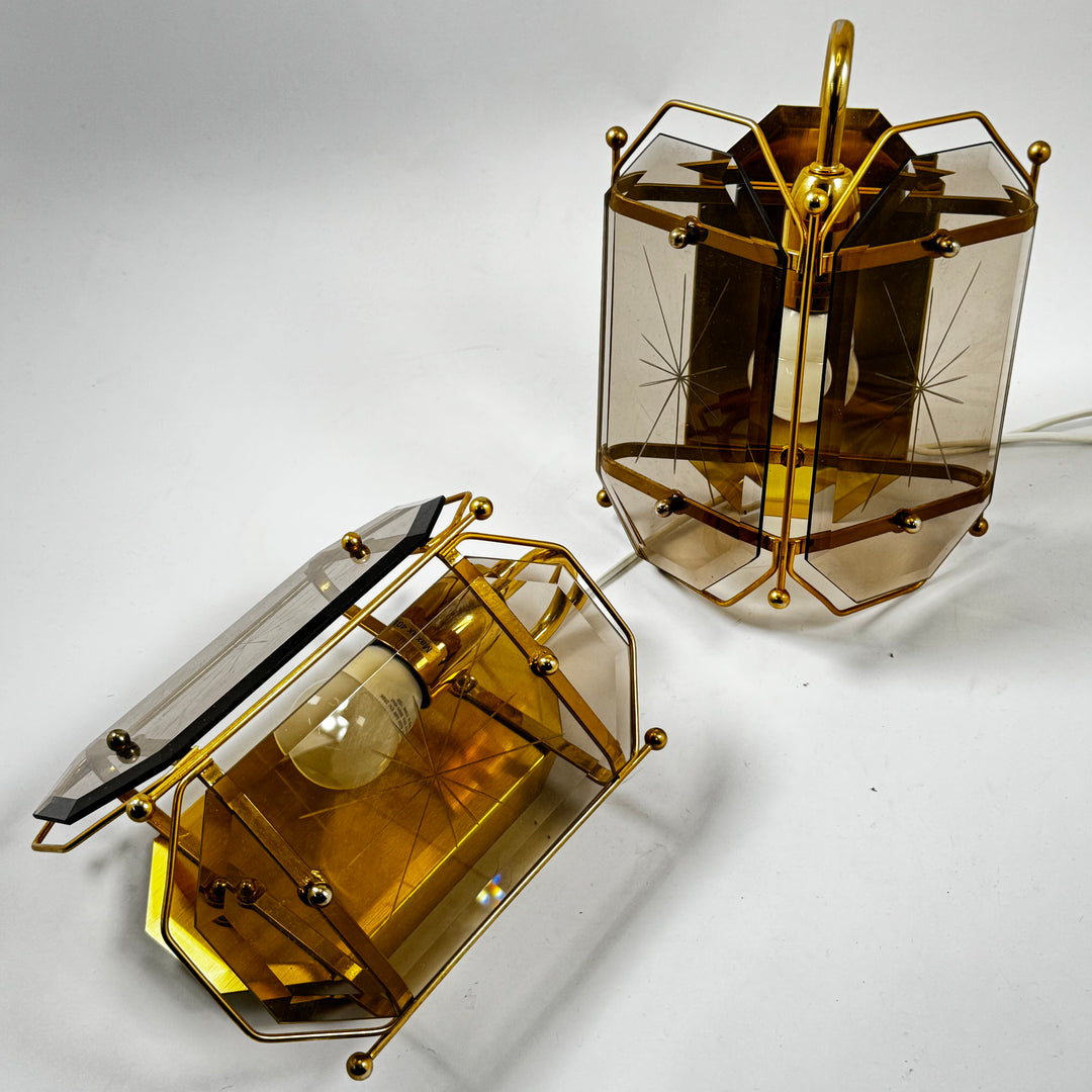 Retro vägglampor 2 pack guld rökfärgat glas