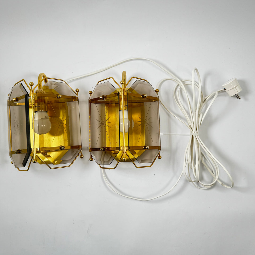 Retro vägglampor 2 pack guld rökfärgat glas