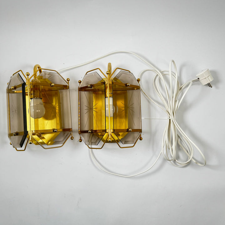 Retro vägglampor 2 pack guld rökfärgat glas