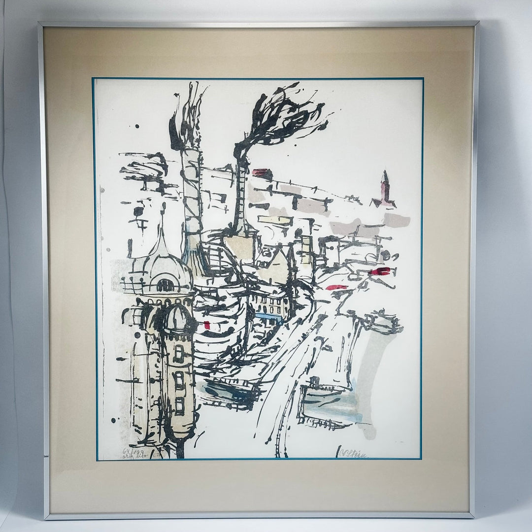 Inramad stadssilhuett i akvarell, vintage 1992 - Homy Secondhand Online