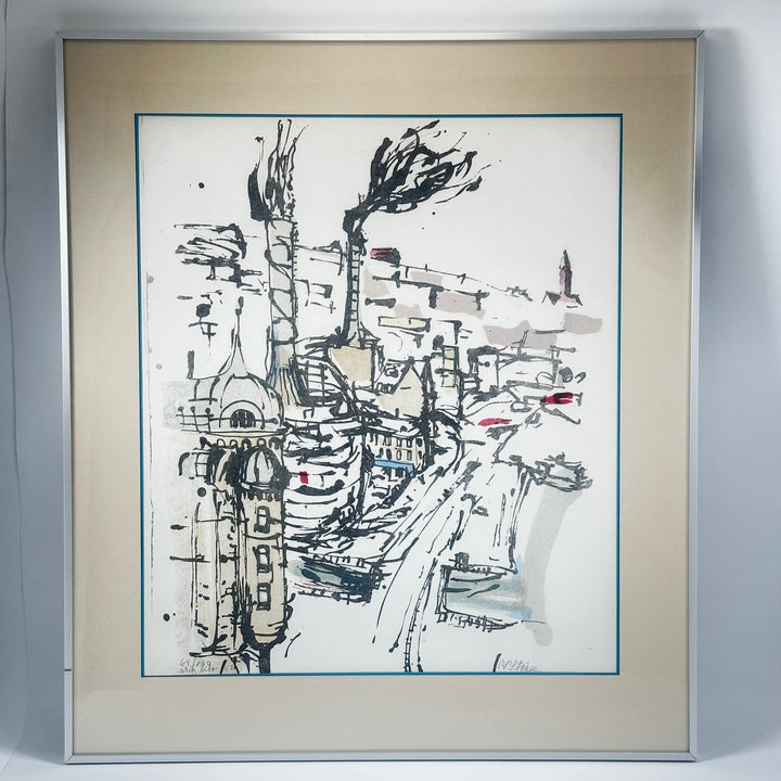 Inramad stadssilhuett i akvarell, vintage 1992 - Homy Secondhand Online
